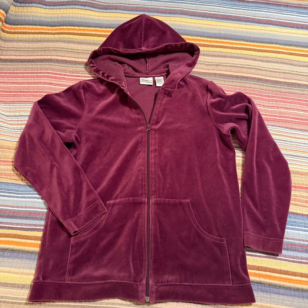 Spa by Chico's‎ Velour Zip Up Hoodie Jacket Burgundy Women's Size 0